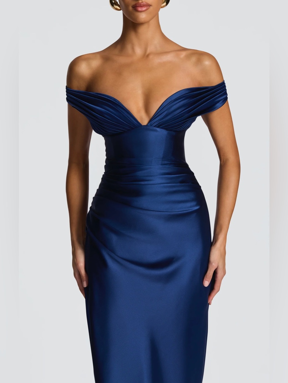 Off-Shoulder Satin Evening Dress in Navy Blue